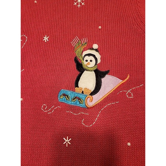 Holiday Editions Sweater‎ Womens XL Embroidered Penguin Ramie Red - Picture 12 of 14